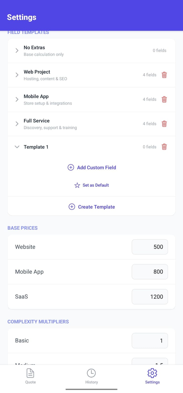Settings Screen — Business profile & pricing