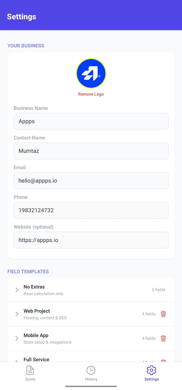 Settings Screen — Custom field templates
